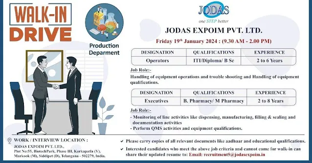Jodas Expoim Walk-In on19th Jan 2024 for B.Pharm, M.Pharm, M.Sc, ITI, Diploma